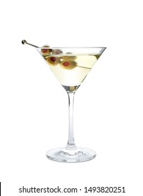 Glass Of Classic Dry Martini With Olives On White Background