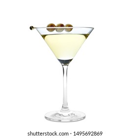 Glass Of Classic Dry Martini With Olives On White Background