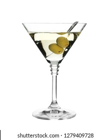 Glass of classic martini cocktail with olives on white background