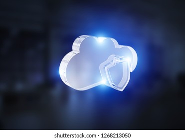 Glass cloud icon as concept for cloud computing on interior background. Mixed media