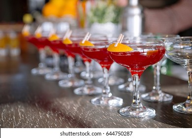 Glass Cocktail Glasses On The Table Served For The Reception In The Restaurant