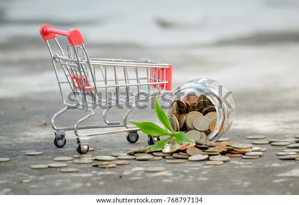 Glass Coin Cart, Plant growing on Coins
glass jar and concept money saving
coins.