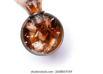 Glass of coke, coca cola with ice cubes isolated on white background. Top view. Flat lay.