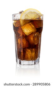 glass of coke (Cola) with ice cubes and lemon slice isolated on white background