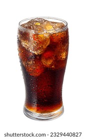 a glass of coke with ice cubes isolated on white background.