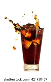 Glass Of Coke With Ice Cubes And Splash Isolated On White