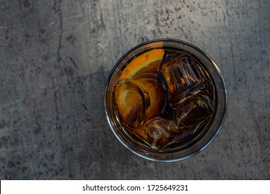 Glass Of Cola From Above. Coke With Lemon And Ice