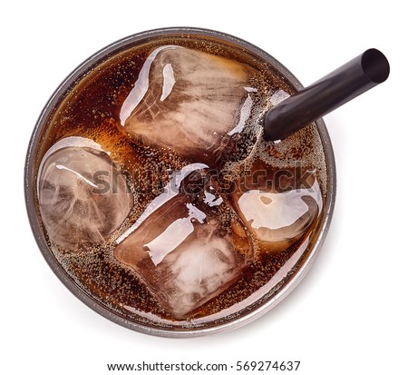 Glass of cola and ice isolated on white background. From top view