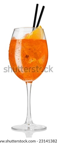 glass of cold aperol spritz cocktail with black straws isolated on white background