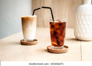 Glass Of Cold Brew Coffee And Latte At Cafe 