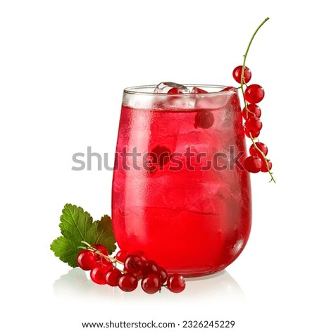 Glass of cold fresh red currant juice with ice and fruits on white background