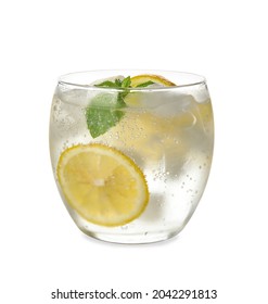 Glass Of Cold Gin And Tonic On White Background