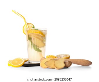 Glass Of Cold Ginger Lemonade On White Background