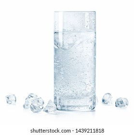 Glass Of Cold Sparkling Water And Ice Isolated On White Background