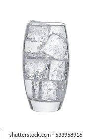 Glass Of Cold Sparkling Water With Ice Cubes  On White Background