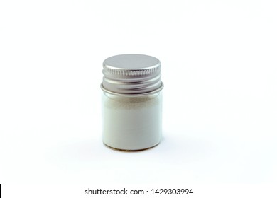 Glass Container With CBD Cannabidiol Crystals Isolate, Isolated On White