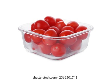 Glass container with fresh cherry tomatoes isolated on white - Powered by Shutterstock