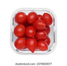 Glass container with fresh cherry tomatoes isolated on white, top view - Powered by Shutterstock