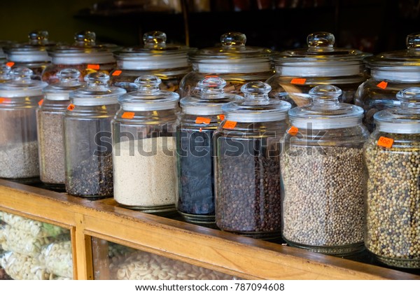 Glass Containers Various Kind Spices Stock Photo Edit Now 787094608