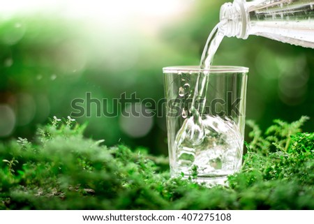 The glass of cool fresh water on natural green background