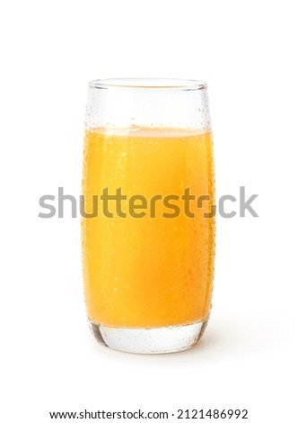 Glass of cool orange juice with water droplets isolated on white background.