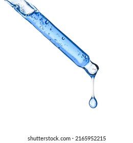 Glass Cosmetic Pipette Dropper With Blue Skincare Serum And Hanging Liquid Drop, Isolated On White Background