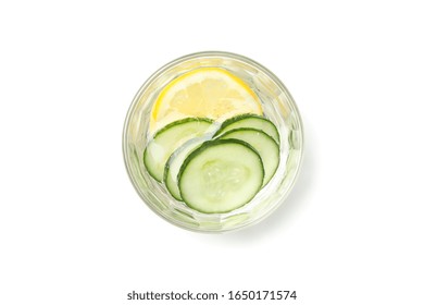 Glass With Cucumber Water Isolated On White Background, Top View