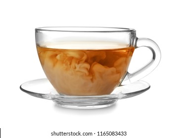 Glass Cup With Black Tea And Milk On White Background