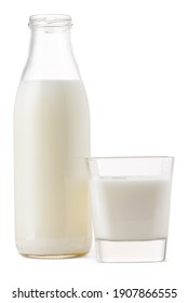 Glass Cup And Bottle Of Fresh Milk Isolated