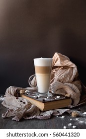 A Glass Cup Of Cafe Latte. Italian Coffee Drink. Double Espresso, Hot Milk, And Steamed Milk Foam