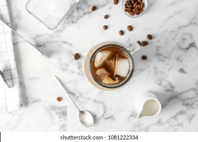 Glass Cup With Cold Brew Coffee On Light Background, Top View