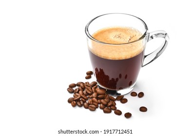 Glass cup of espresso coffee and coffee beans isolated on white background - Powered by Shutterstock