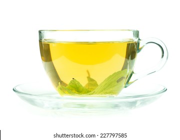 Glass Cup Of Fresh Green Tea Isolated On White Background