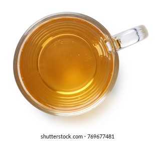 Glass Cup Of Ginger Lemon Tea Isolated On White Background. Top View