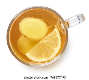 Glass Cup Of Ginger Lemon Tea Isolated On White Background. Top View