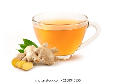 Glass cup of hot ginger tea with ginger root and slices isolated on white background. - Shutterstock ID 2188345555