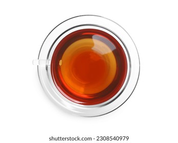 Glass cup of tea and saucer isolated on white, top view - Powered by Shutterstock