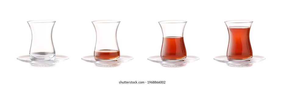 Glass Cups With Different Amount Of Turkish Tea On White Background