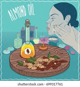 Glass Decanter of Almond oil and sweet kernels of Prunus dulcis plant. Girl applying facial mask on face. Natural vegetable oil used for skin care. Raster version of illustration