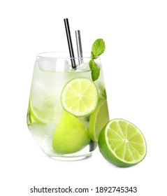 Glass of delicious mojito and lime on white background