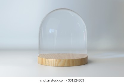 Glass Dome With Wooden Tray On White Background