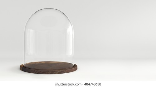 Glass dome with wooden tray on white background
				