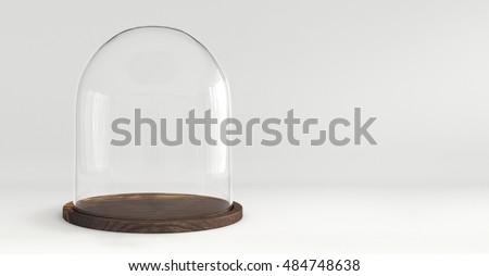 Glass dome with wooden tray on white background
