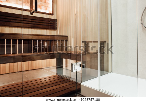 Glass Door Design Sauna Shower Cabin Stock Photo Edit Now 1023757180