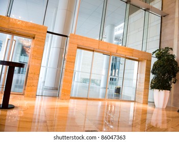 glass door entrance to business conference center .
