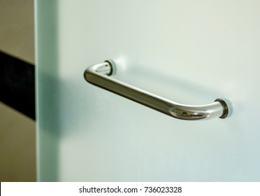 Glass Door Handle Of A Glass Partition Shower Unit. Bathroom Glass Door Detail Opening Into Wet Area,selective Focus.