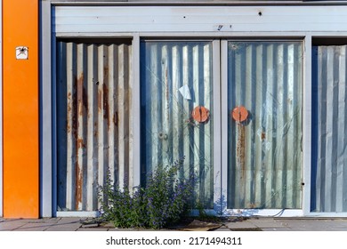 Glass doors of an abandoned shopping mall with bullet holes in firearms
