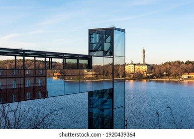 Glass Elevator At Kvarholmen, Nacka Overlooking The Water And The Island Of Djurgården, In Sweden.