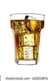 Glass Of Energy Drink With Bubbles And Ice Cubes Isolated On White Background 