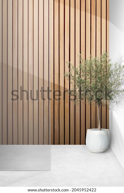 Glass entrance with\
wooden paneling wall